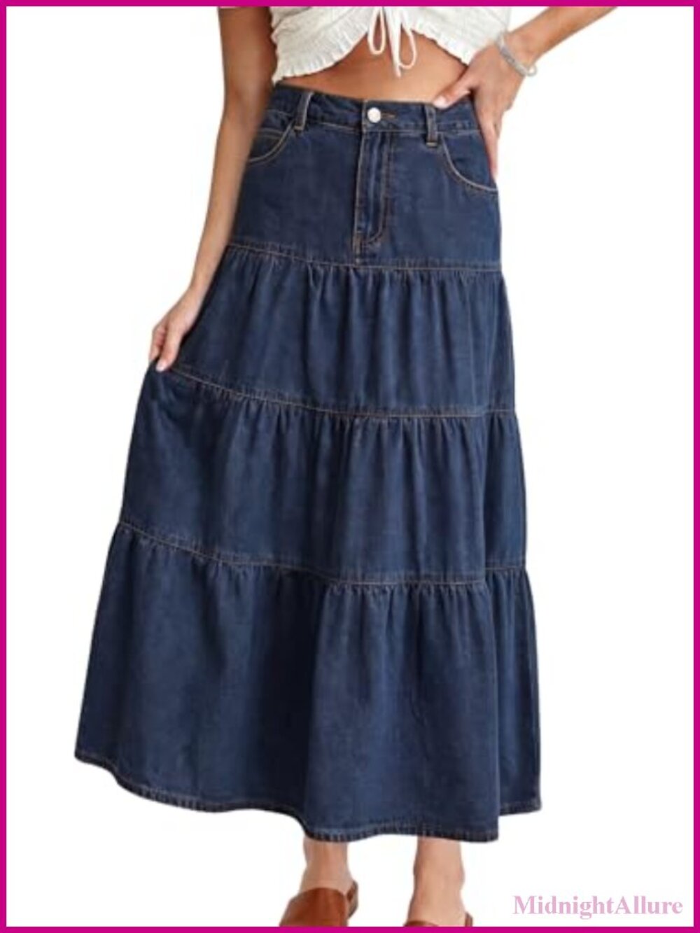 Tiered High Waist Denim Maxi Skirt A-Line Cotton Blend